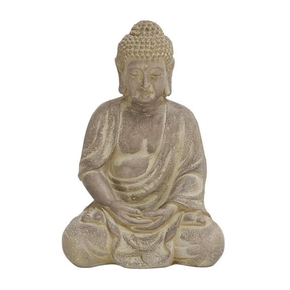 8" x 12" Beige Ceramic Meditating Buddha Sculpture with Engraved Carvings and Relief Detailing, by DecMode
