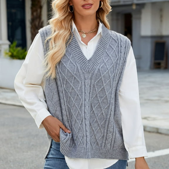 PiGOGI Women's Slim Fit V-Neck Waistcoat - Sleeveless Knit Sweater Top Casual Layering Piece Fashion Pullover Gray XL