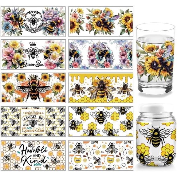 10 Sheets UV DTF Cup Wrap 10 Styles Sunflower Bee Honeycomb Rub on Transfers Waterproof PVC Paper Rub on Decals for DIY 16OZ Glass Cups Furniture Wood 9.5x4.3inch(24×11cm) colorful