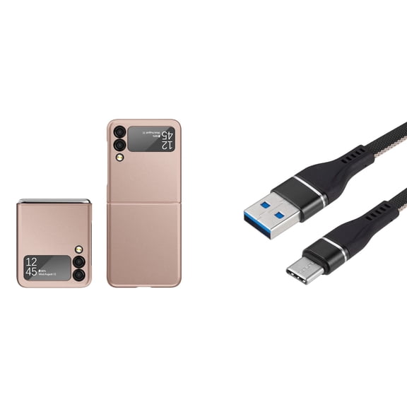 Bemz Galaxy Z Flip 3 5G Premium Bundle: Slim Rubberized Matte Snap On Case (Rose Gold Pink), Nylon Braided USB-C to USB-A Cable (3 Feet)