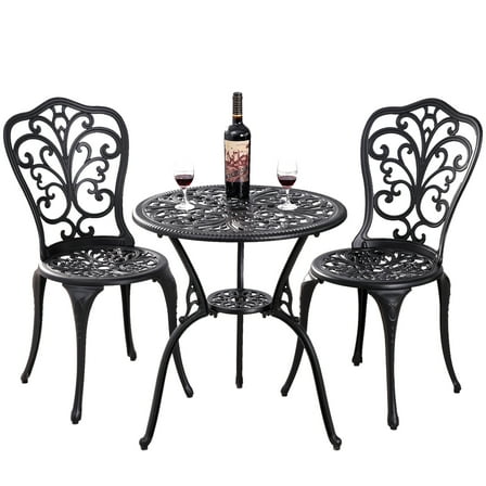 Withniture 3 Piece Outdoor Bistro Set, All Weather Cast Aluminum Patio Dining Table and Chairs with 2" Umbrella Hole, Black
