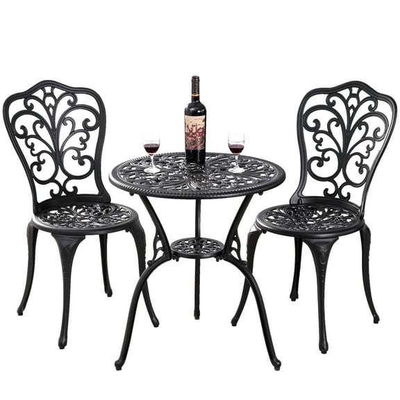 Withniture 3 Piece Outdoor Bistro Set, All Weather Cast Aluminum Patio Dining Table and Chairs with 2" Umbrella Hole, Black