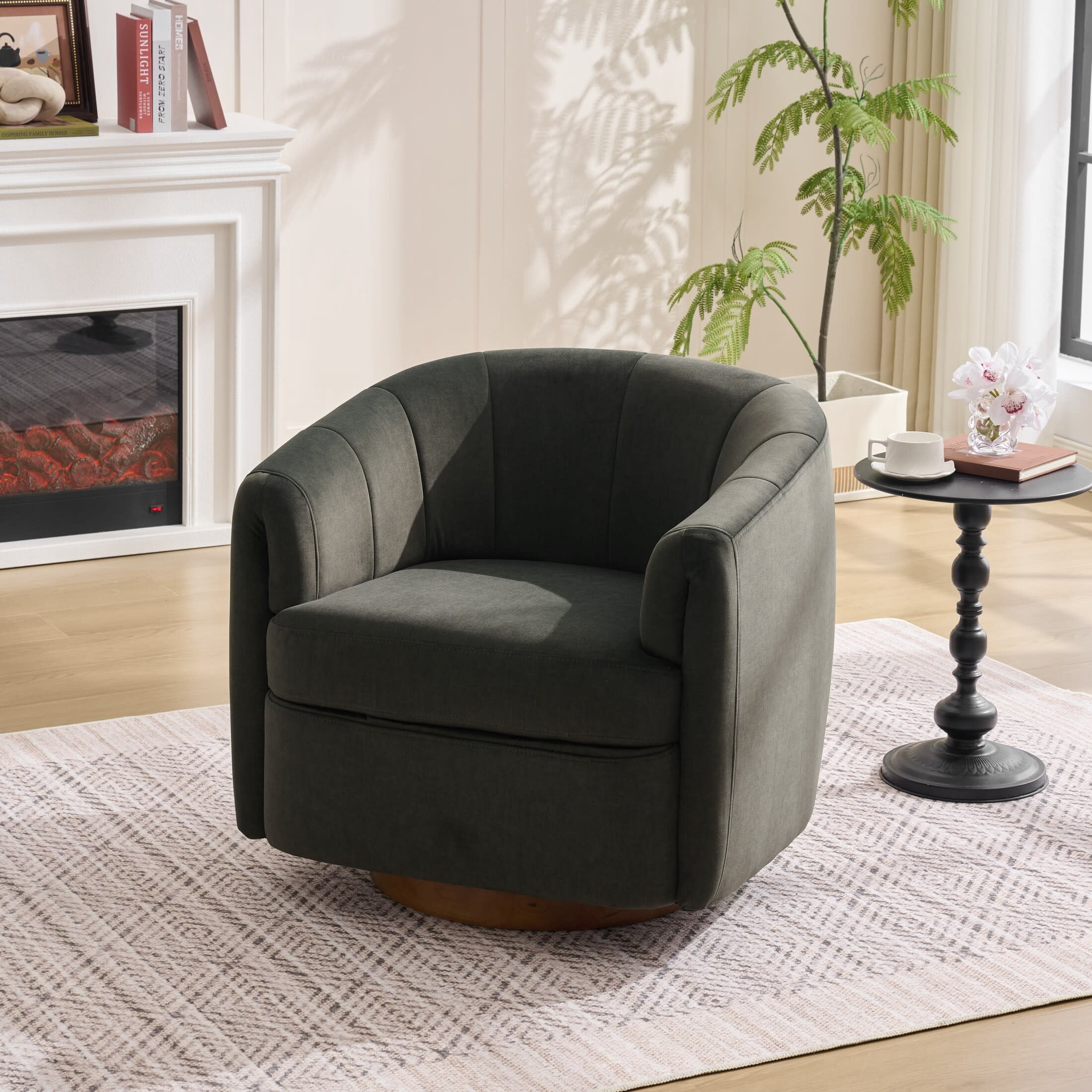 Noble House Swivel Accent Chair with Solid Wood Base, Velvet Upholstered Armchair for Living Room, Gray