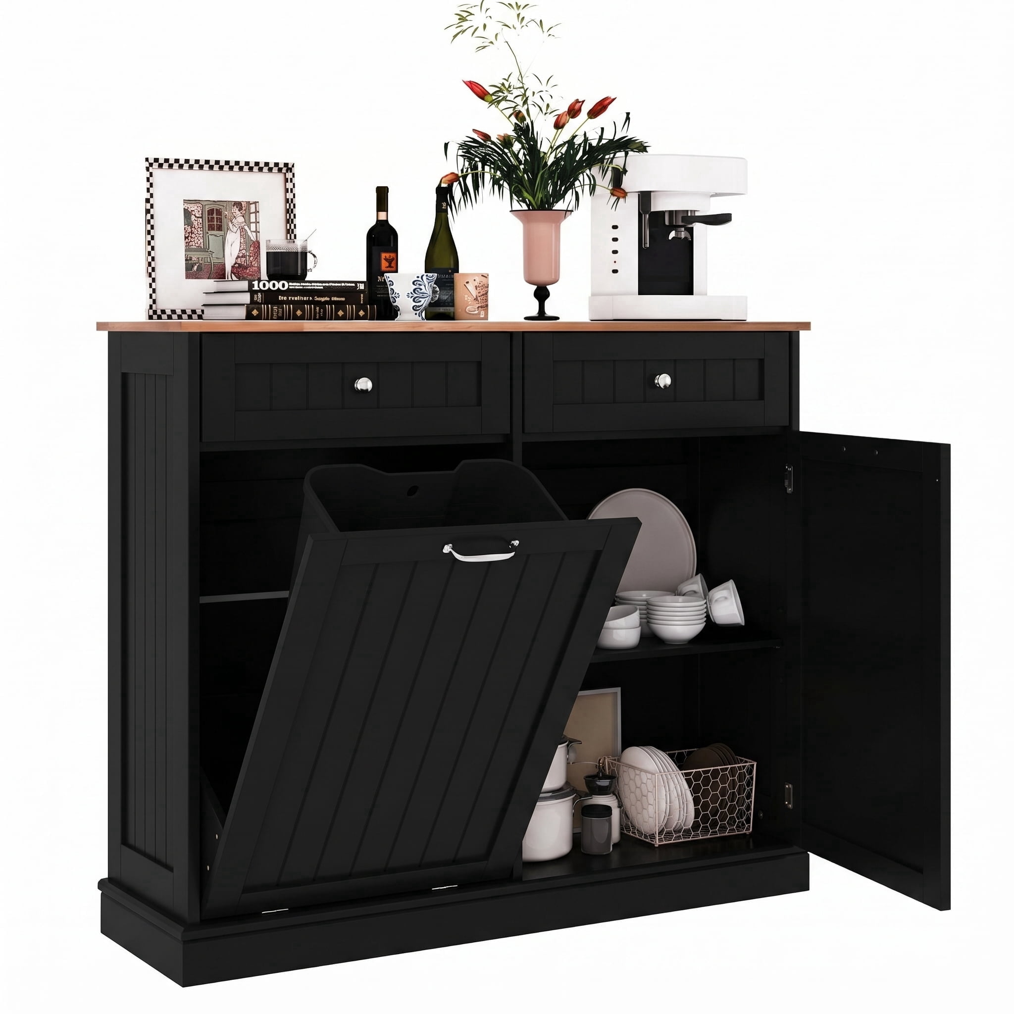 AHB 13 Gallon Single Tilt Out Trash Cabinet with Drawer and Handle, Kitchen Trash Can Storage Organizer, 39.4"L x 14"W x 38.3"H, Black