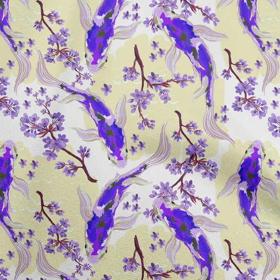 oneOone Polyester Spandex Blue Fabric Asian Japanese Koifish Diy Clothing Quilting Fabric Print Fabric By Yard 56 Inch Wide