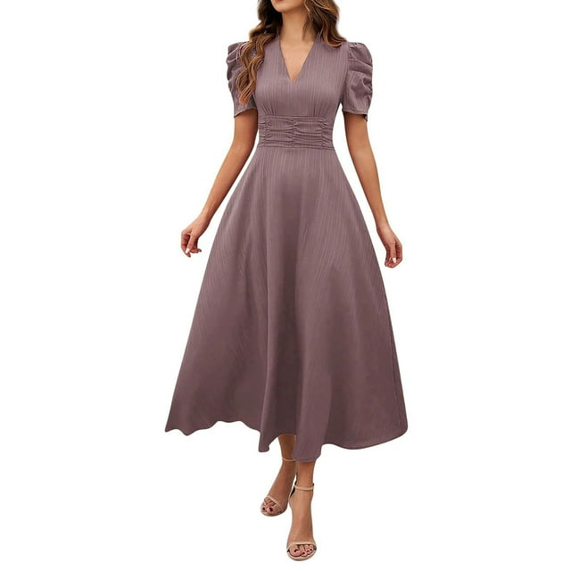Daiosportswear Robe à Manches Courtes Taille Haute Col en V pour Femmes Couleur Unie Violet P(S)