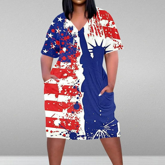 Sakmal Midi Spring Dresses T Shirt Short Sleeve Petite V Neck American Flag Blue Dresses L-5XL