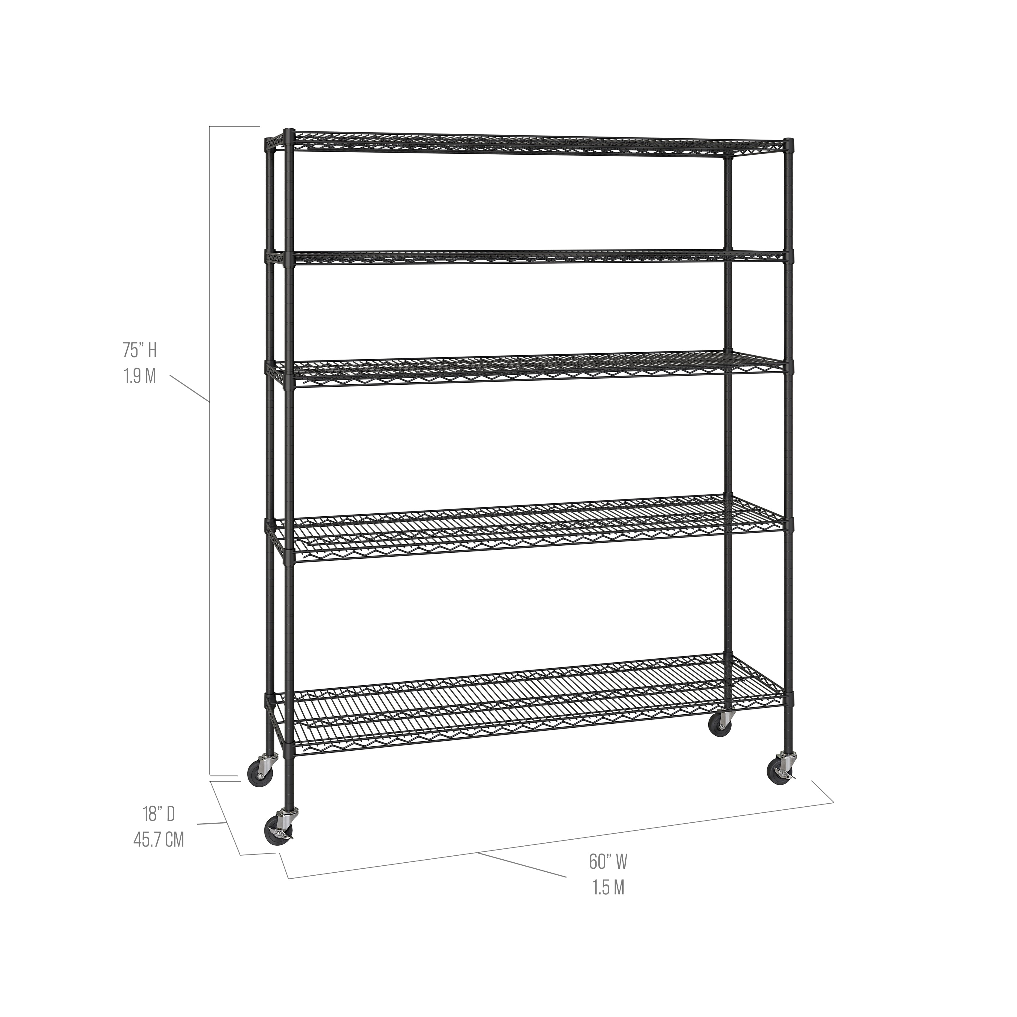 Seville Classics UltraDurable Commercial-Grade 5-Tier NSF-Certified Steel Wire Shelving with Wheels, 60" x 18", Black