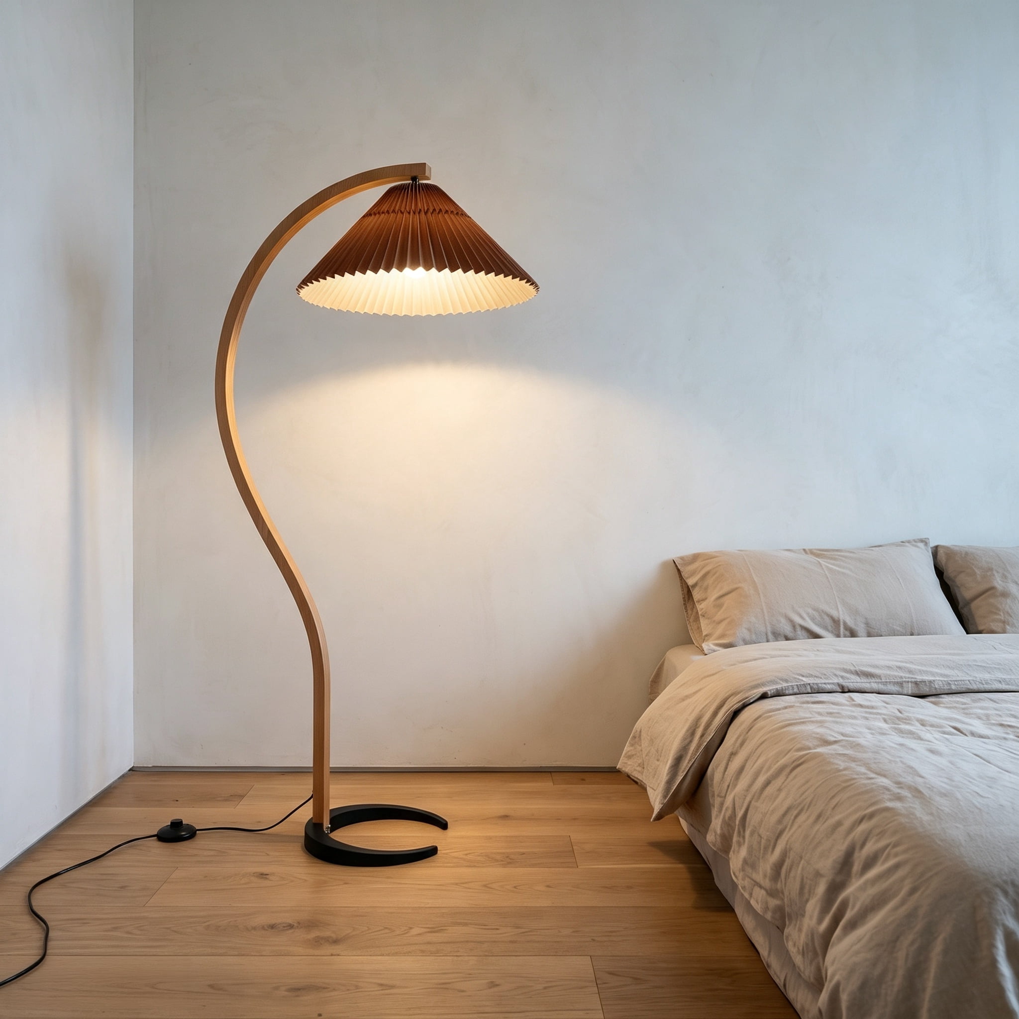 AISWORD Mid Century Curved Arc Floor Lamp with Pleated Fabric Shade, Solid Bentwood S-Shape Standing Reading Light with Heavy Base, Brown