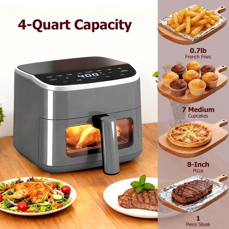 Dozzle 4QT Visual Window Air Fryer, 1500W Touchscreen Display with 8 Cooking Presets, Automatic Shut-Off, Nonstick Basket Dishwasher Safe, 60-Minute Timer, Up to 400°F, Gray