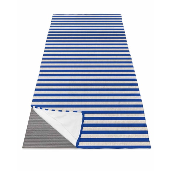Dark Blue Striped Yoga Towel for Hot Yoga Non Slip, Modern Beige Geometric Country Yoga Mat Towel Absorbent Yoga Sweat Towels Microfiber Hot Yoga Blanket for Bikram Pilates 26"x70"