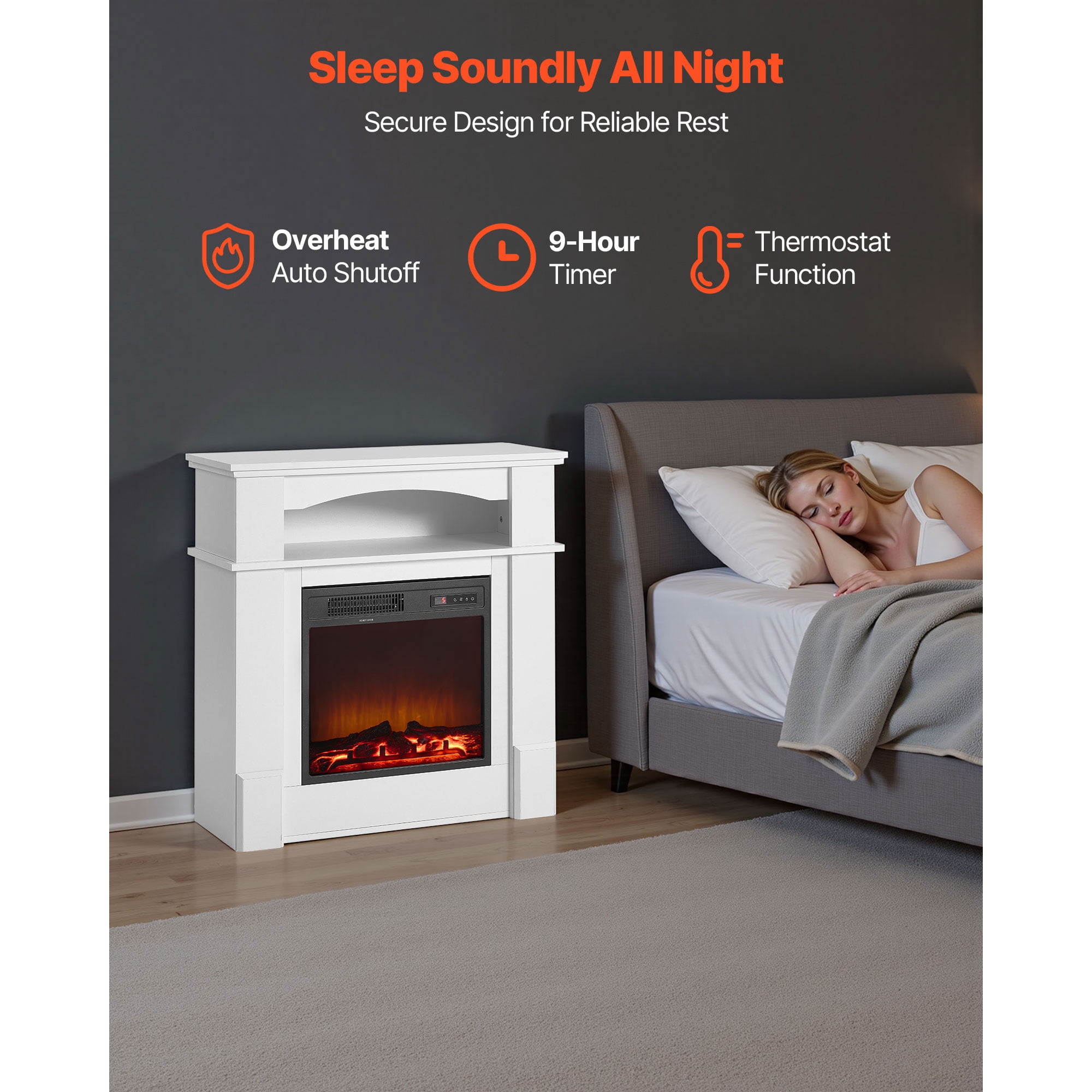 KFFKFF 33-Inch Freestanding Electric Fireplace with Mantel, 1500W Heater, Adjustable Flames, Timer, Remote Control, Overheat Protection, Ideal for Living Room or Bedroom, White
