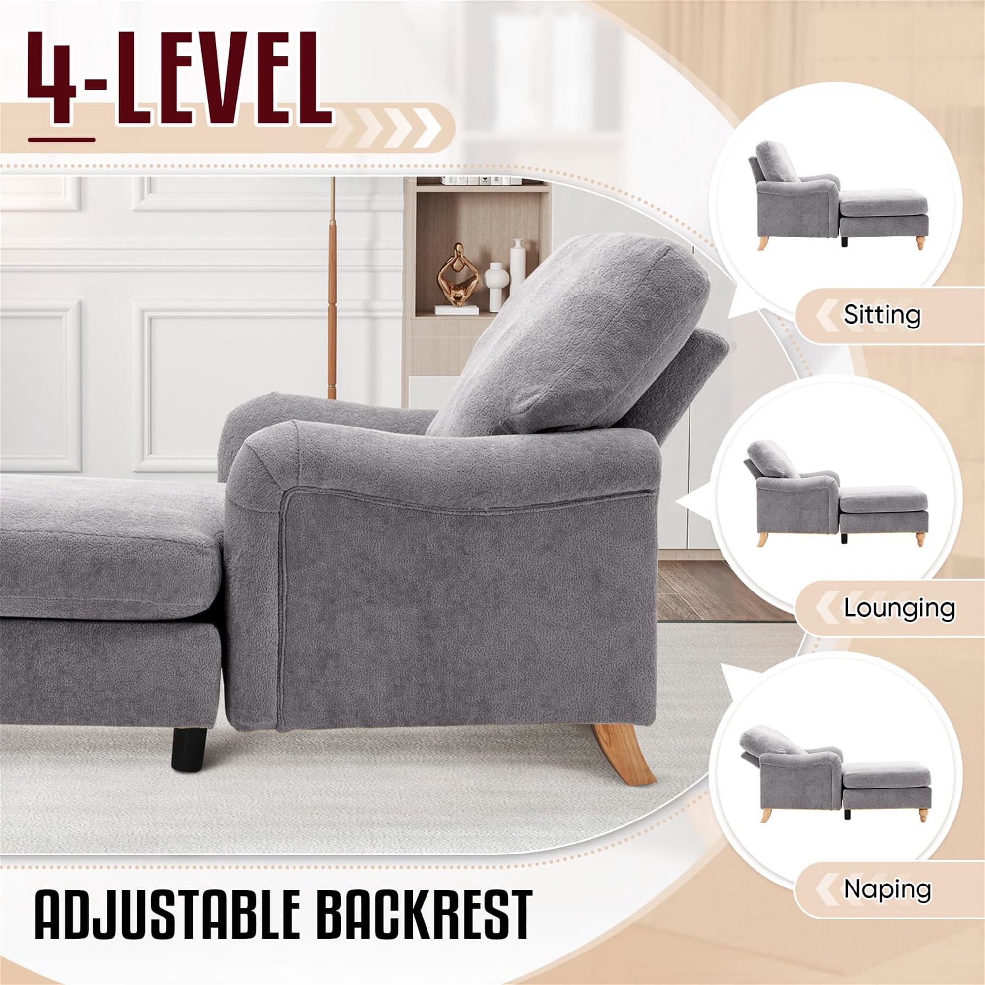 Aukfa Modern Oversized Chaise with Adjustable Backrest, Sleeper Chair Sofa Recliner for Living Room, Gray