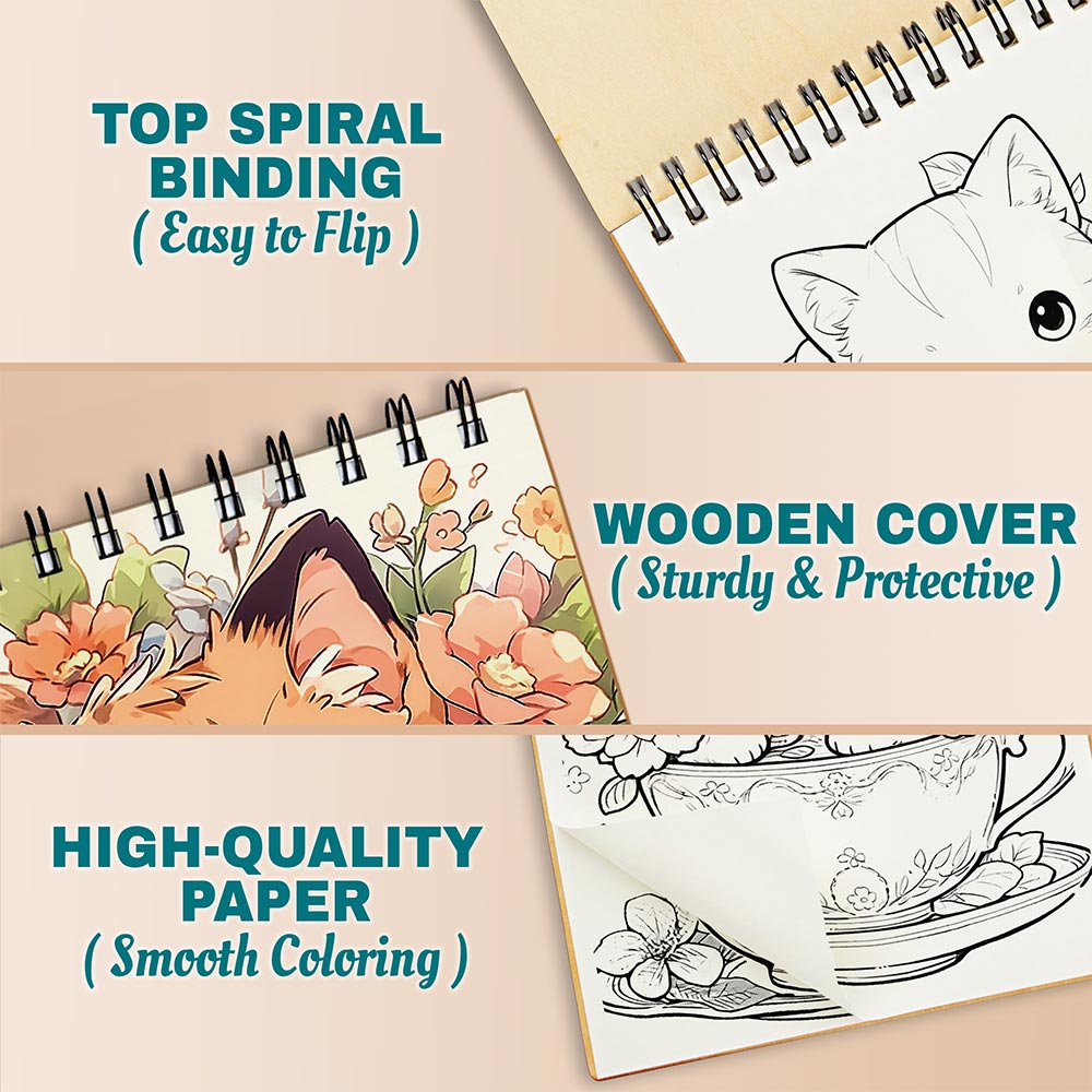 Netecom Teacup Kittens Coloring Book Spiral Bound for Adults, A5 Wooden Cover, 30 Adorable Kittens in Cute Teacups Coloring Pages for Stress Relief and Relaxation
