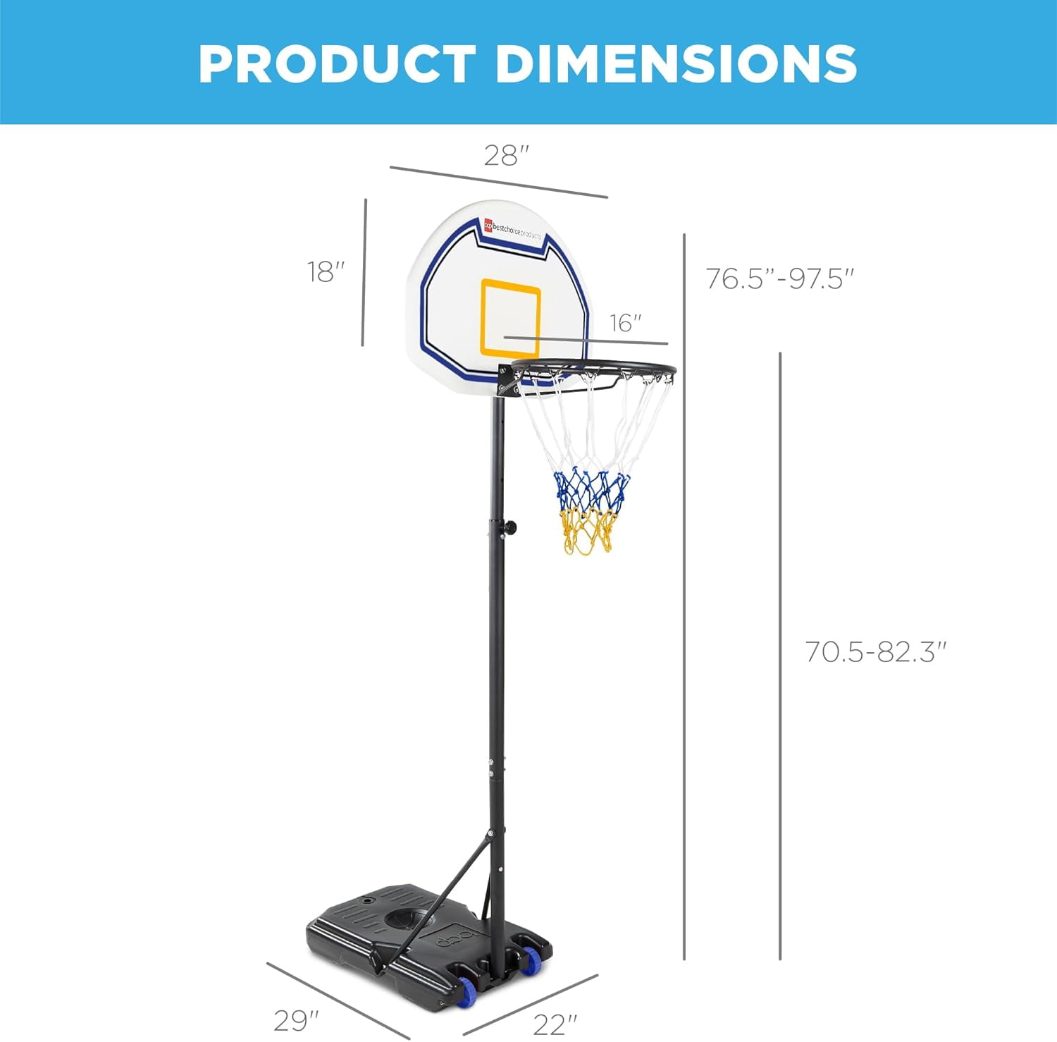 CHTER Kids Height-Adjustable Basketball Hoop, Portable Backboard Set w/ 2 Wheels, Fillable Base, 70.5in to 82.3in Tall
