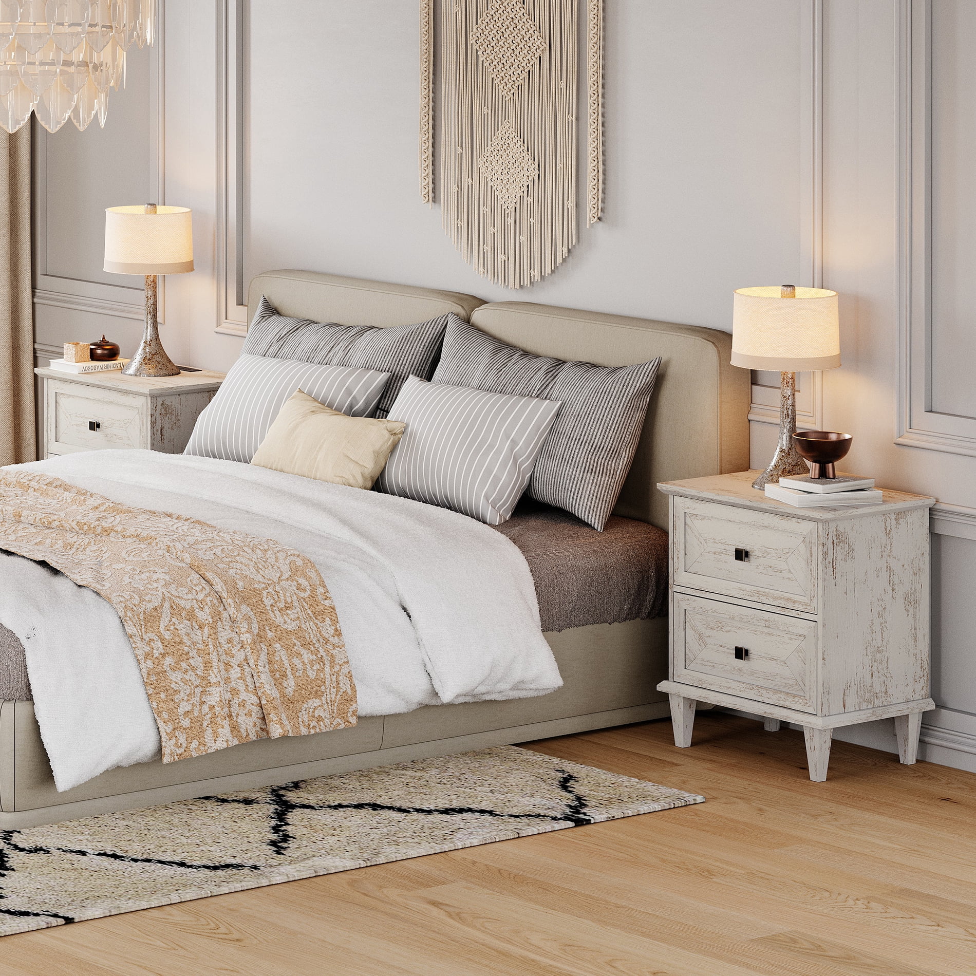 WAMPAT Night Stands Set of 2 with Charging Station, Rustic Farmhouse Bedside Tables with Drawers, White End Tables for Living Room Bedroom, Distressed White