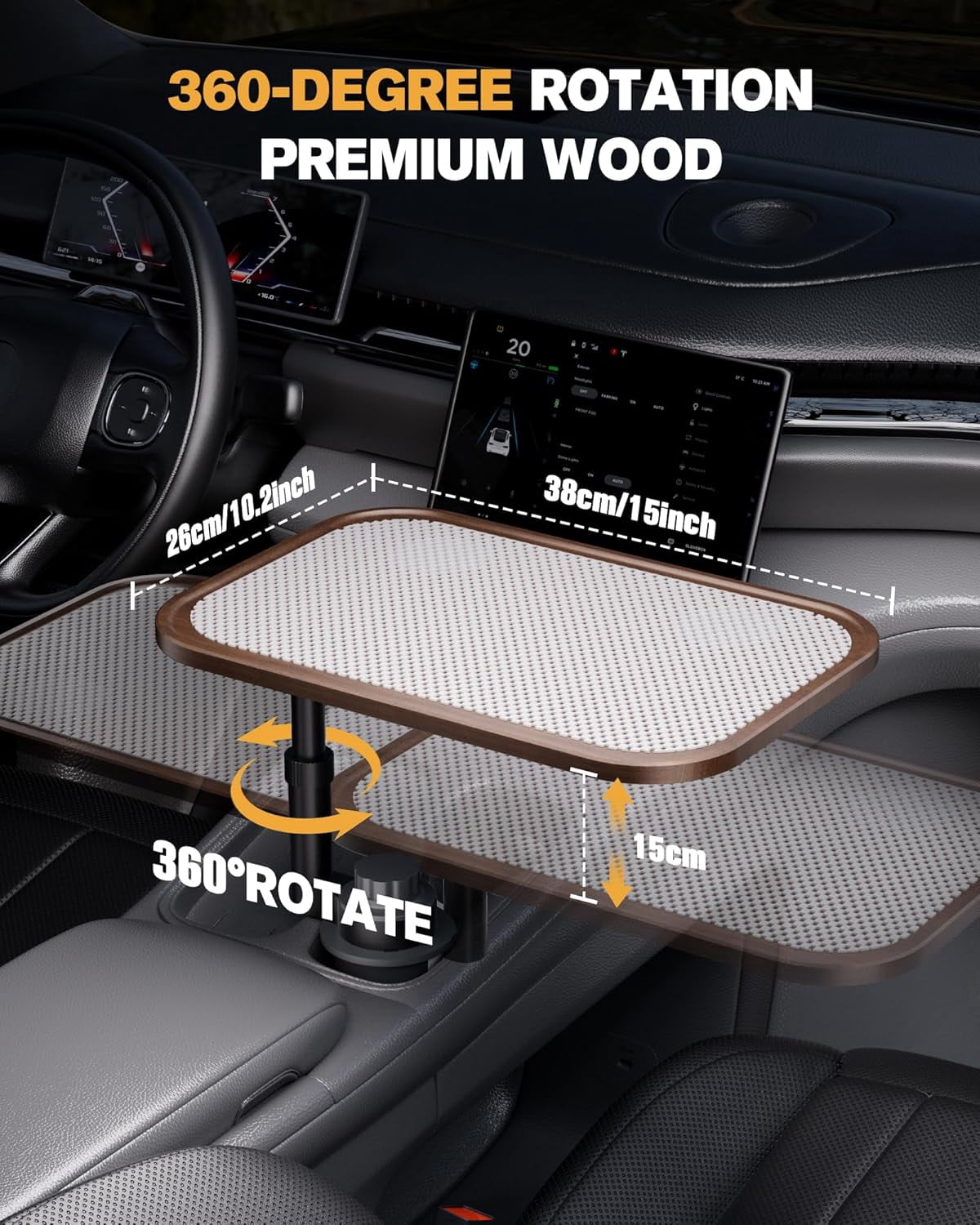 Car Desk for Laptop, Car Table & Car Tray with 360° Rotating Cup Holder, Adjustable Height Car Food Tray, As Car Table Tray or Car Seat Tray, Compatible with Tesla Model 3/Y/S, Ford / Most Vehicles