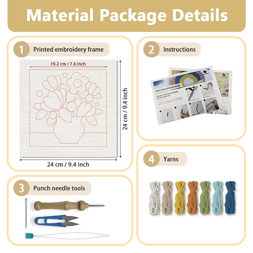 Polyester Cotton Punch Needle 4Folded Yarns Embroidery Kits Included Threader Cotton Thread Punch Needle Thread Clips 3.5MM Wooden Needle Flower for DIY