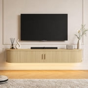 63" Floating TV Stand for TVs up to 75", Fluted Entertainment Center with Power Outlet, LED Lights, Mid‑Century Modern TV Console with Sliding Door for Living Room, Bedroom, Apartment, Oak