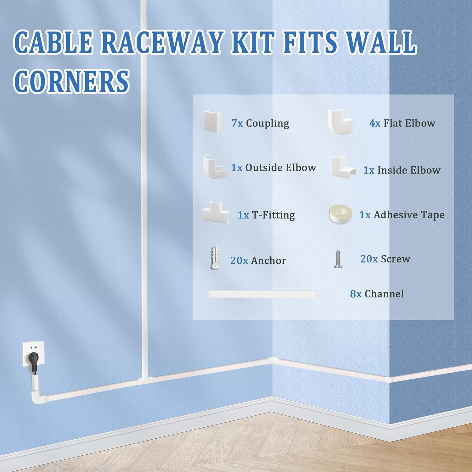 125-Inch Cable Concealer 8-Pack – Large Cord Hider For Wall, Fits 4 Loose Cables, Paintable