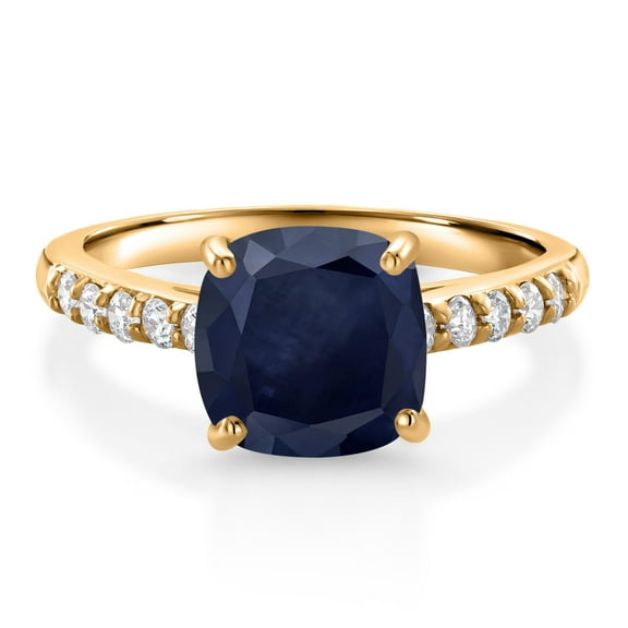 Gem Stone King 3.02 Cttw 8MM Cushion Blue Sapphire and White Lab Grown Diamond 10K Yellow Gold Engagement Ring for Women | Gemstone Birthstone (Size 5)