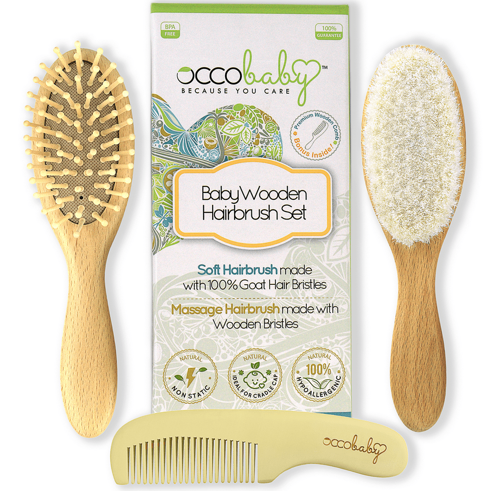 OCCObaby 3Piece Wooden Baby Hair Brush and Comb Set for Newborns and