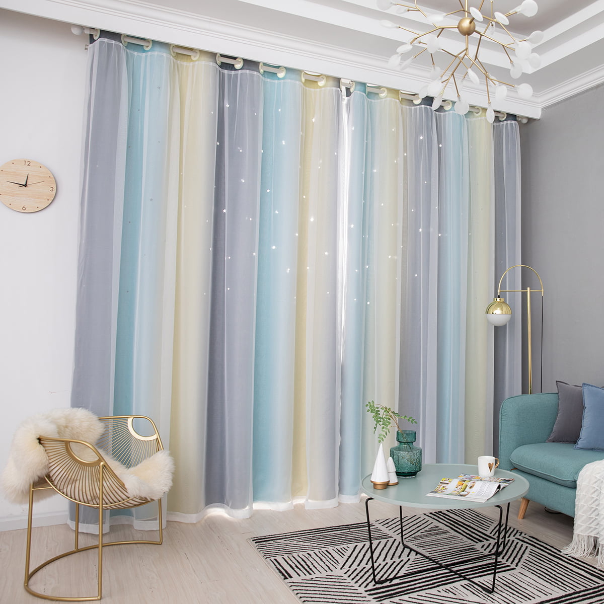 Gradient Hollow Star Curtain Bedroom Full Blackout Window Drapes Home Room Decor 