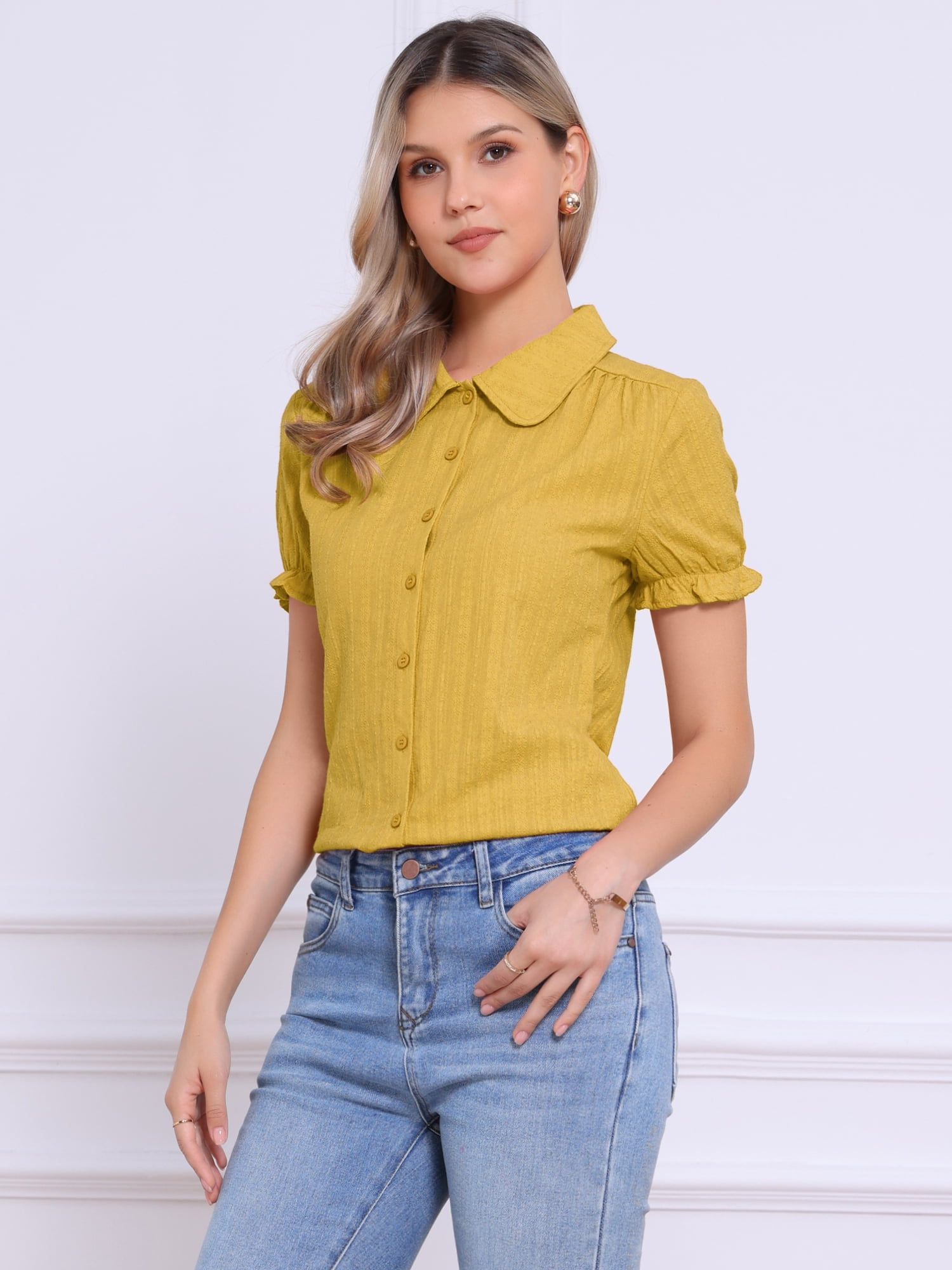 DARING DIVA Women's Collar Shirt Cotton Short Sleeve Button Down Shirt XL Ginger Yellow