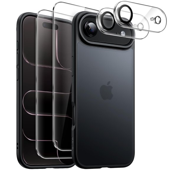 JETech 5 in 1 Matte Case for iPhone Air with 2-Pack Each Tempered Glass Screen Protector and Camera Lens Protector, Translucent Back Shockproof Phone Cover, 6.5-Inch Display (Black)
