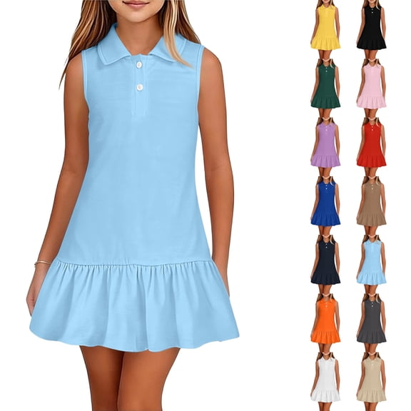 Toddler to Big Girls Summer Sleeveless Polo Dress Breathable Ruffle Hem Multi-Color Casual Dress Dark Green 120