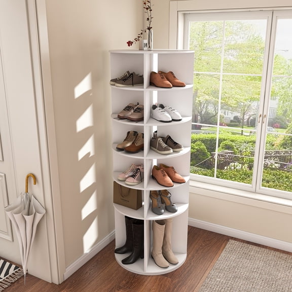 Noble House 6-Tier Rotating Shoe Rack Tower, 360° Freestanding Shoe Organizer, White