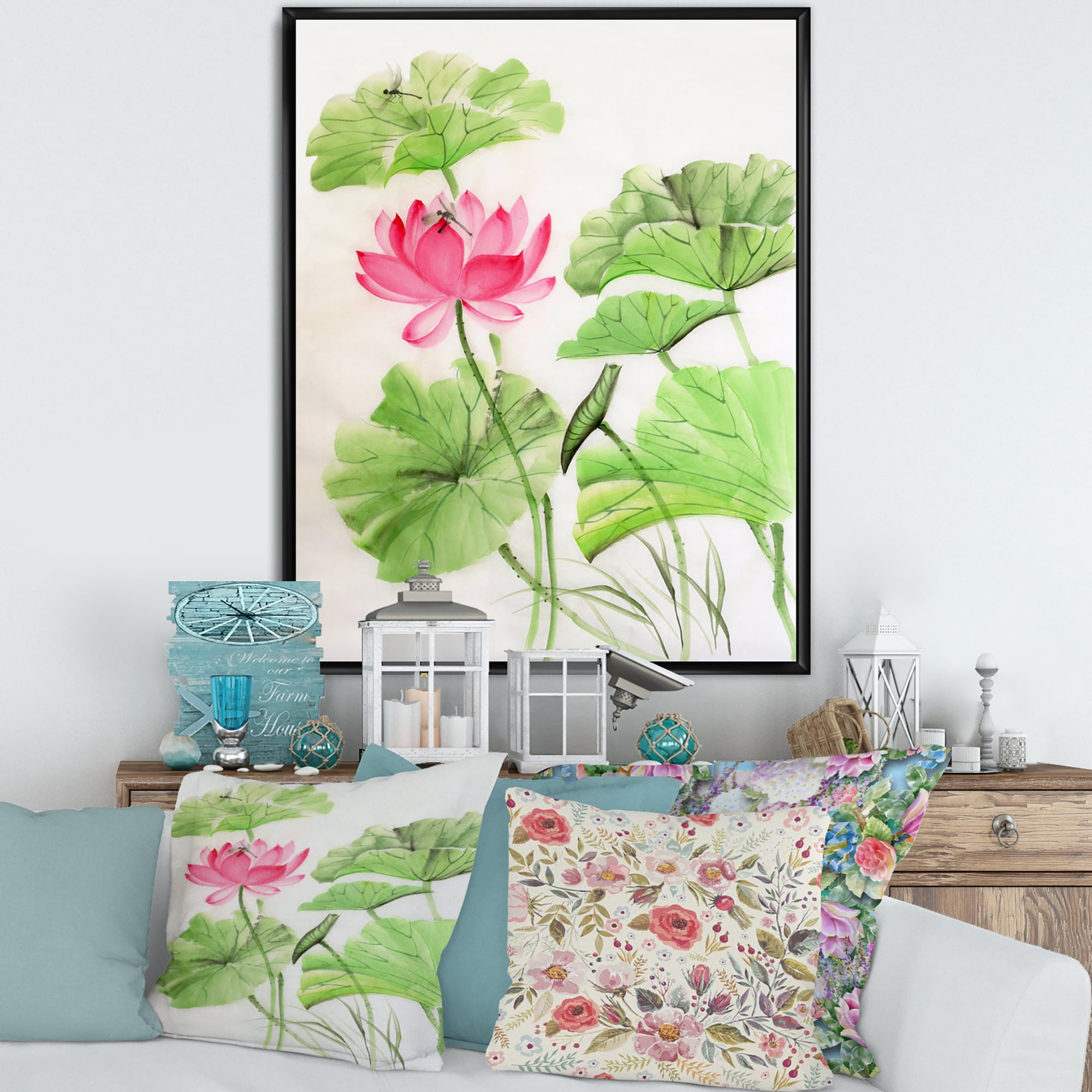 Designart 'Dragonfly and Lotus' Traditional Framed Canvas Wall Art Print