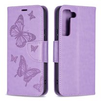 Allytech Embossed Butterfly Case for Samsung Galaxy S21 FE 5G [2022 Released], PU Leather Card Slots Flip Stand Magnetic Closure Wrist Strap Lanyard Protective Cover for Galaxy S21 FE 5G 6.4", Violet