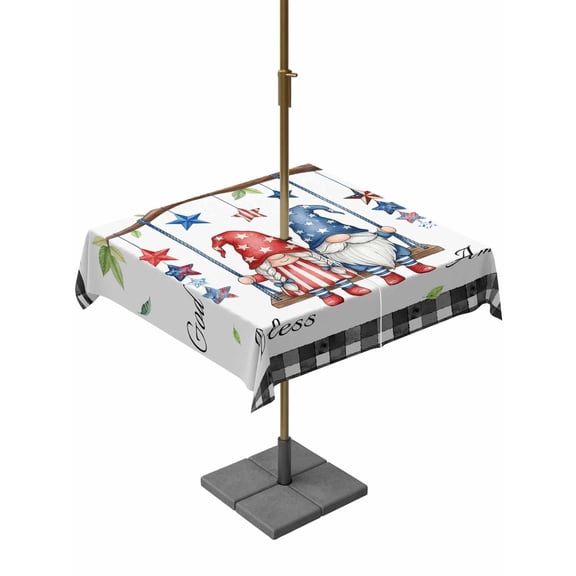 Outdoor Tablecloth with Umbrella Hole for Patio/Picnic/Party/Camping, Independence Day Gnomes Waterproof Table Cloth Square Cover Washable, Red Blue Star 250th Anniversary (54"x 54")
