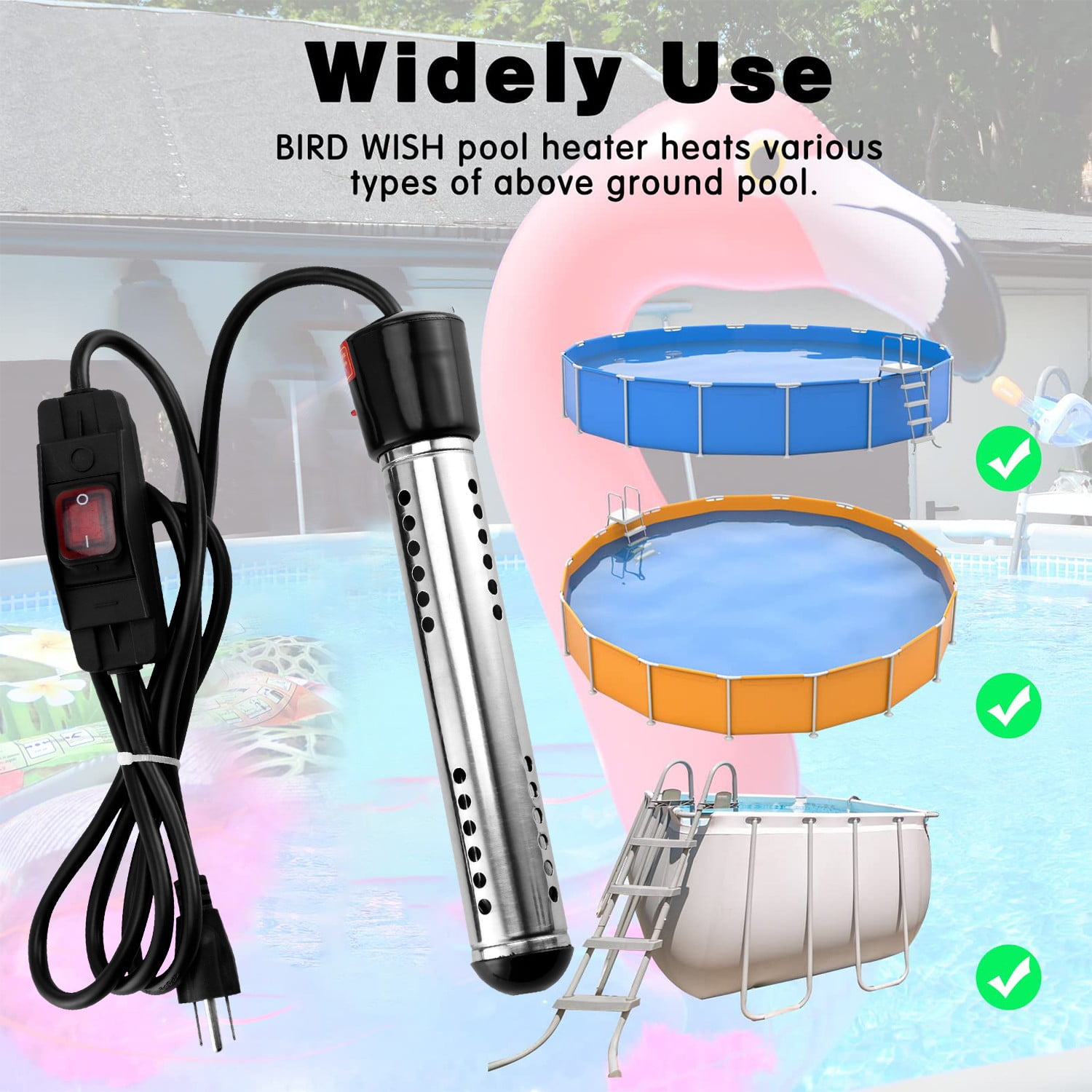 Immersion Water Heater,1500W Submersible Anti-scalding Bucket Heater with Full 304 Stainless-steel Guard,Rapid Heating in Minutes Black