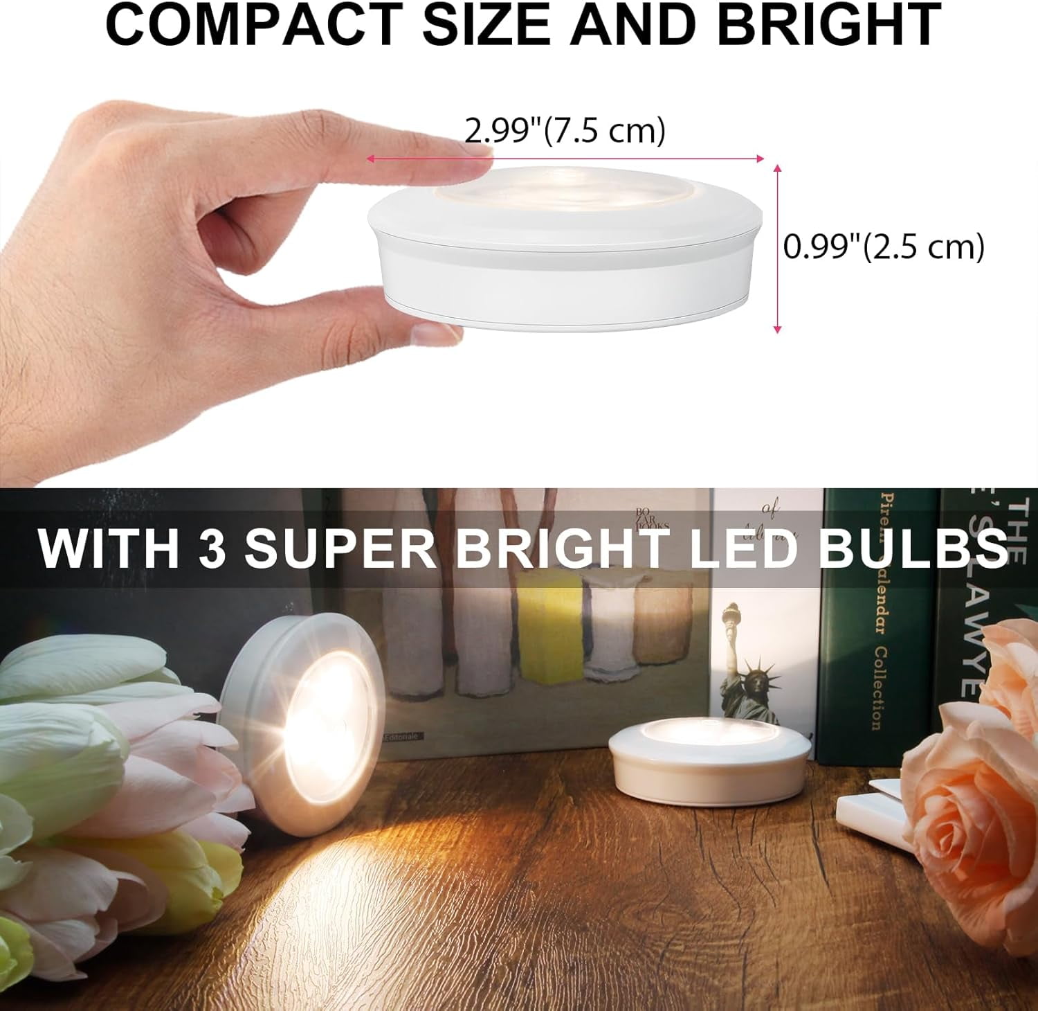 JJEAN-LED Puck Light, Ultra-Thin Touch Light, Battery Operated, Tap Lights, 60 Lumens, Stick on Lights, Under Cabinet Lighting, Ideal for Kitchen Cabinets, Closets, Garage and More, 3-Pack, White