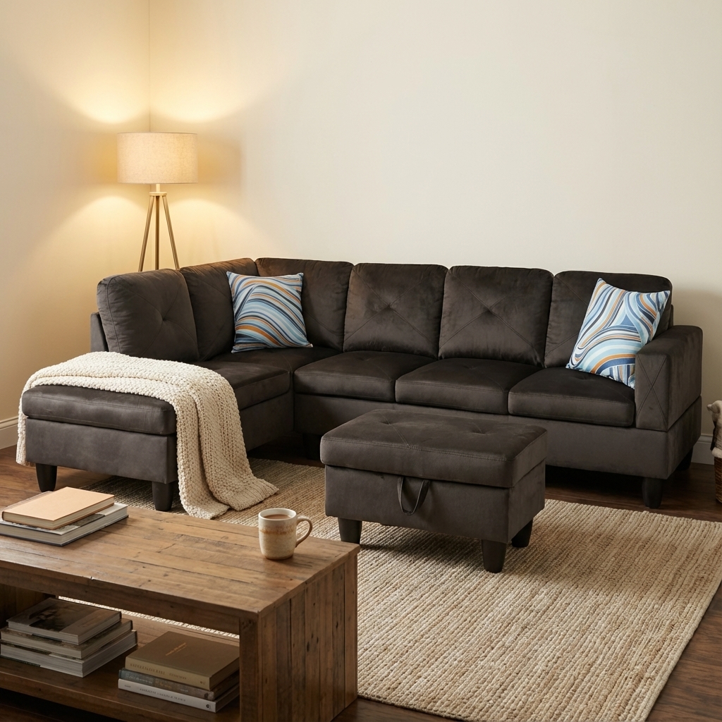 Prilinex L-Shaped Sectional Sofa with Chaise and Storage Ottoman, 3-Piece Flannel Sofa for Living Room Furniture Sets and Apartments, Grey