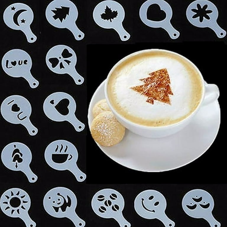 SANWOOD 16Pcs DIY Coffee Latte Cappuccino Mold Art Baking Stencils Template  Dusting Pad 