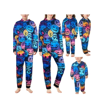 

Family Matching Halloween Onesies Pajamas Long Sleeve Hooded Funny Pumpkin Print Jumpsuit Loungewear for Men Women Kids
