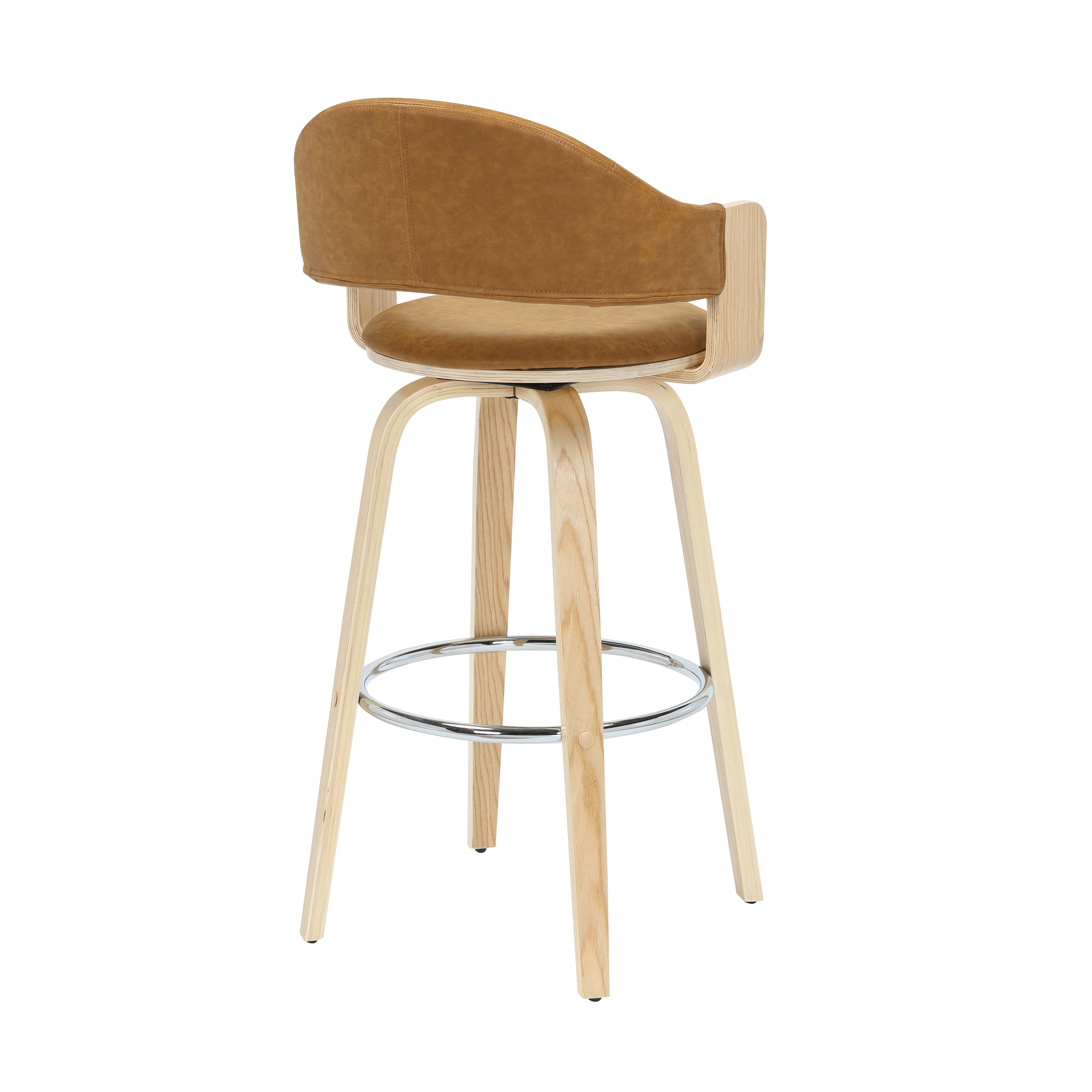 Daxton 40 in. H Swivel Bar Height Camel Round Back Wood Bar Stool with Faux Leather Seat Set of 3