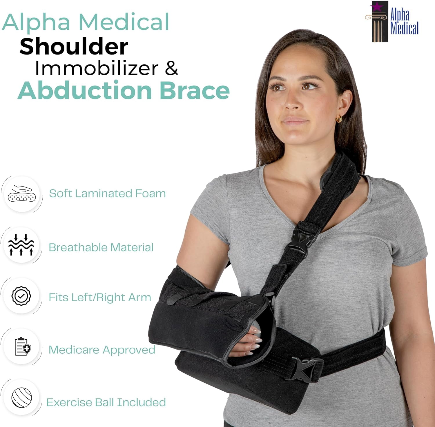 Alpha Medical Shoulder Immobilizer w/ Removable Pillow – Rotator Cuff – Sublexion – Shoulder Abduction Sling – Post-Op Shoulder & Arm Brace w/ exercise ball.  Fits Right or Left Arm.  L3660