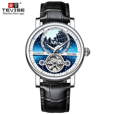 Mens Luminous Star Automatic Mechanical Business Waterproof Watch Black Leather Band Best Gift for Husband, Boy Friend, Son, Fathers Day Gift
