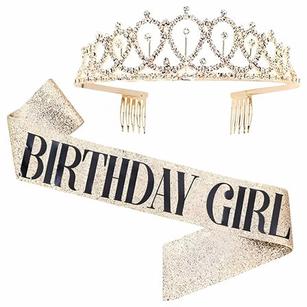 DESIGNICE Birthday-Girl Sash Tiara Crown Set, Sparkling Crown with the Same Shoulder Strap Birthday Gifts Decorations for Girls Women (Gold)