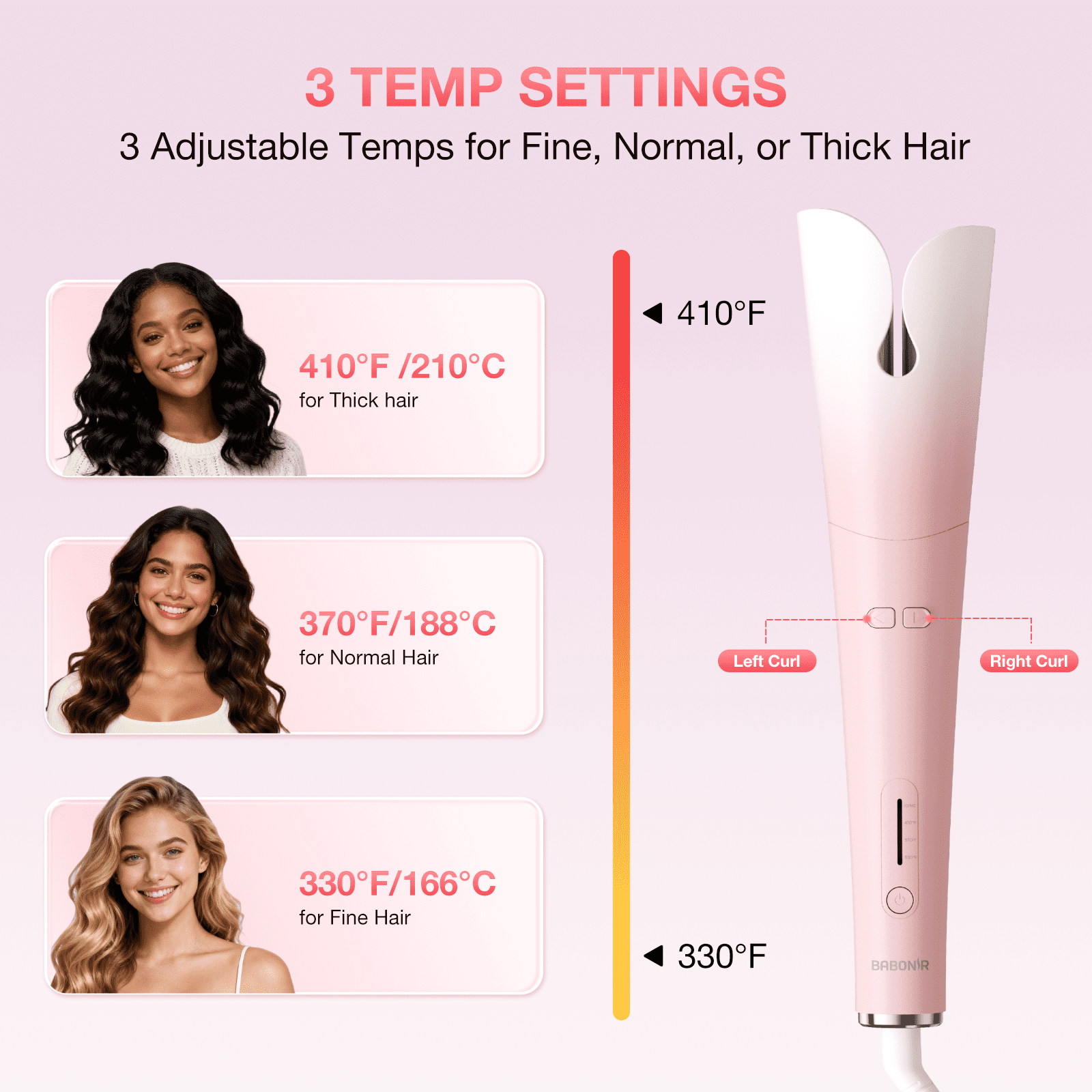 BABONIR 1.25'' Automatic Curling Iron for Beginners - 3 Temp, 2-Way Rotation, Anti-Scald, 500M Ionic, Dual Voltage, Champagne Pink