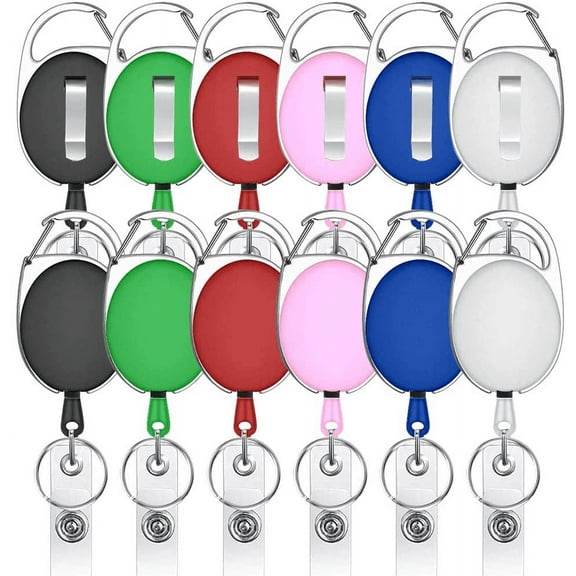 Retractable Badge Holders, Viaky 12 Pack Badge Carabiner Reels with Belt Clip Multicolor Key Ring for ID Card in Assorted Colors, Name Tags Keycard & Badges with Metal Clip (6 Color)