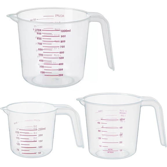 3 Pack plastic Measuring Cups, 250ml (1-Cup), 500ml (2-Cup) &1000ml (4-Cup)