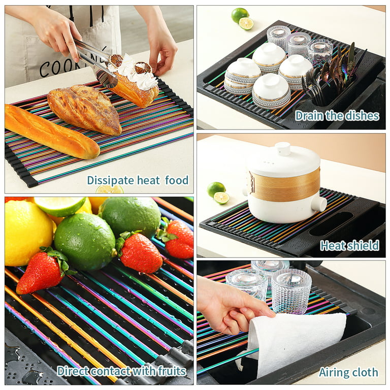 Reanea Rainbow Roll Up Dish Drying Rack Over The Sink, Kitchen Rolling Dish Drainer, Foldable Sink Rack Mat for Kitchen Sink Counter