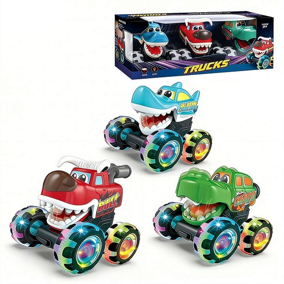 Trucks Toys for Boys and Girls, Light Up Cars for Toddlers, 4-Wheel Drive Friction Powered Push and Go Toy Cars, Dinosaur Trucks for Kids Boys Birthday Gifts