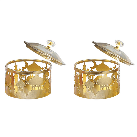 2X Ramadan Trays with Lid - Metal Gold Eid Mubarak Tray Ramadan Plate Candy Dish Food Container Cookie Trinket Box