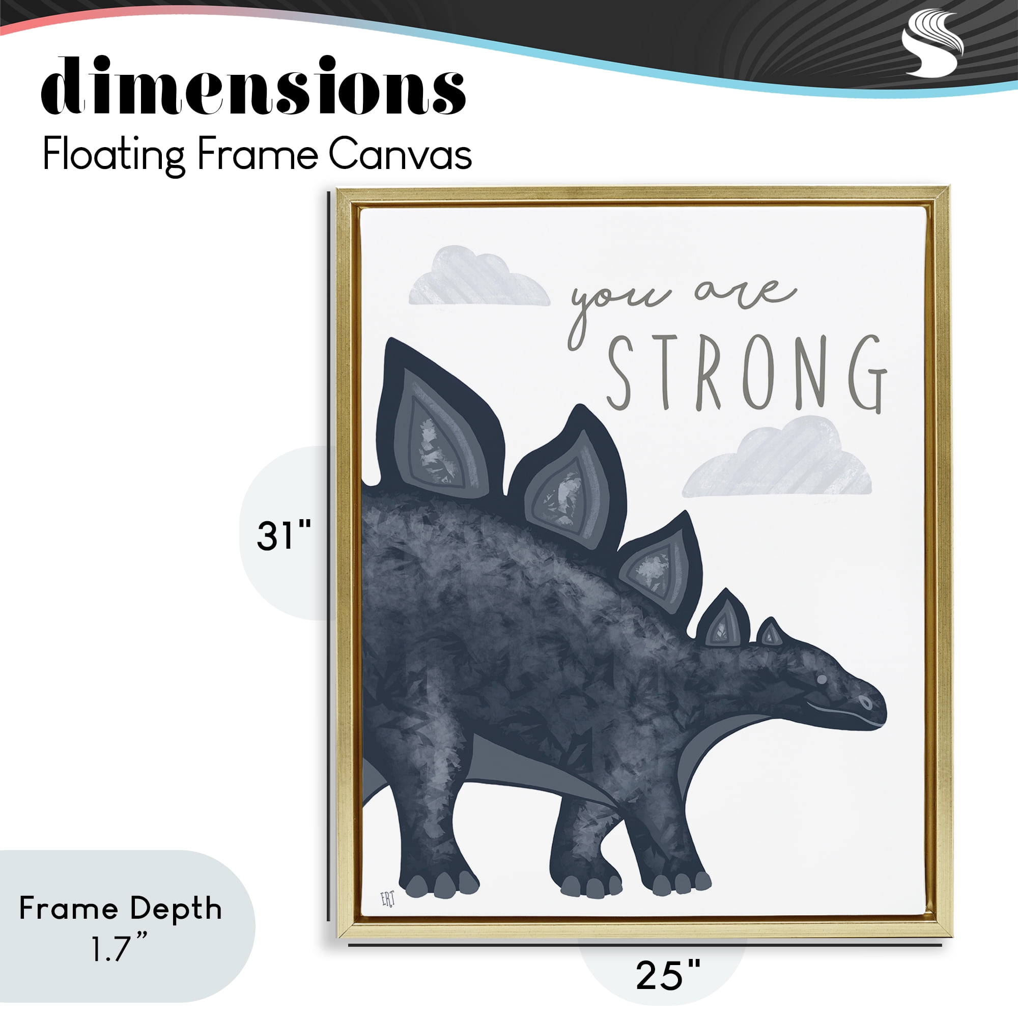 Stupell Industries You Are Strong Dinosaur Gold Framed Floater Canvas Wall Art, design by Elizabeth Tyndall